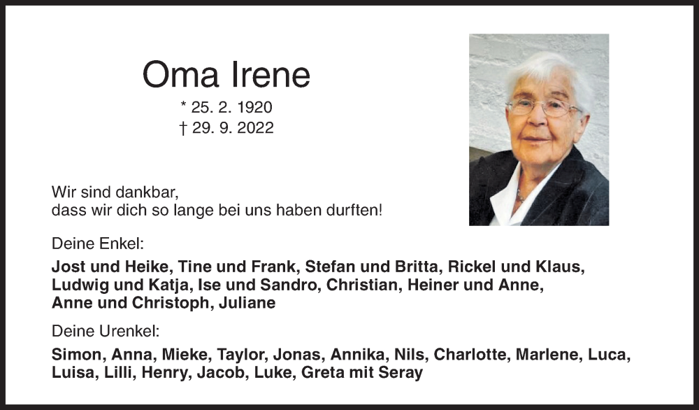  Traueranzeige für Irene Bänfer vom 04.10.2022 aus Siegener Zeitung