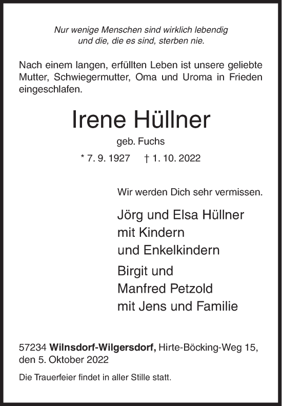 Traueranzeige von Irene Hüllner von Siegener Zeitung