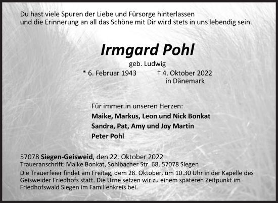 Traueranzeige von Irmgard Pohl von Siegener Zeitung