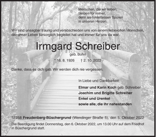 Traueranzeige von Irmgard Schreiber von Siegener Zeitung