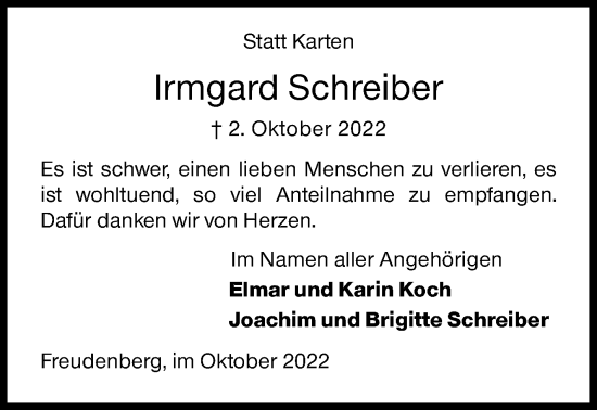 Traueranzeige von Irmgard Schreiber von Siegener Zeitung