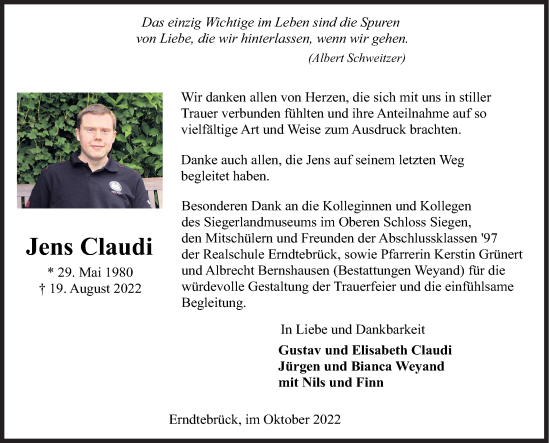 Traueranzeige von Jens Claudi von Siegener Zeitung