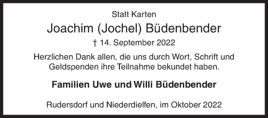Traueranzeige von Joachim Büdenbender von Siegener Zeitung