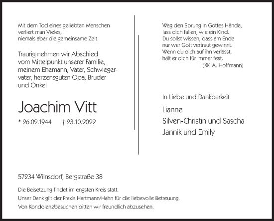Traueranzeige von Joachim Vitt von Siegener Zeitung