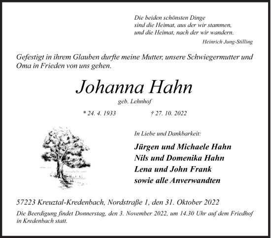 Traueranzeige von Johanna Hahn von Siegener Zeitung