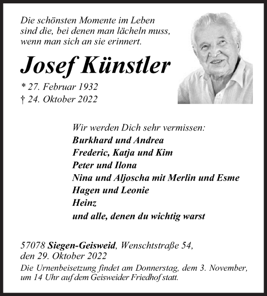 Traueranzeige von Josef Künstler von Siegener Zeitung