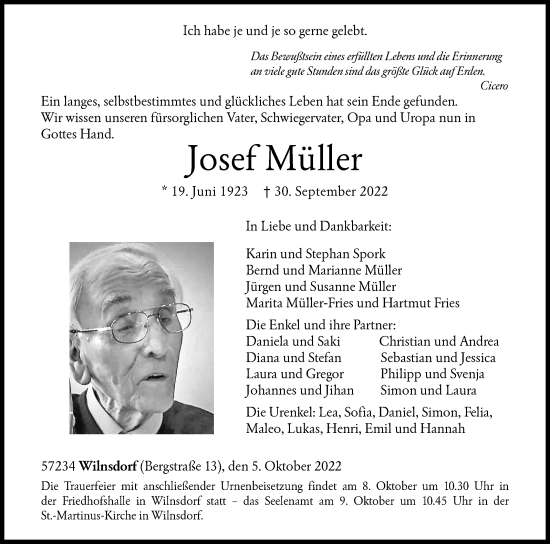 Traueranzeige von Josef Müller von Siegener Zeitung