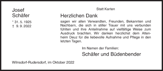 Traueranzeige von Josef Schäfer von Siegener Zeitung