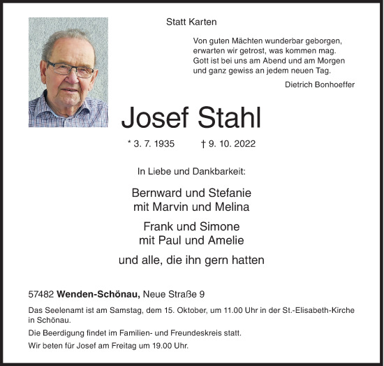Traueranzeige von Josef Stahl von Siegener Zeitung
