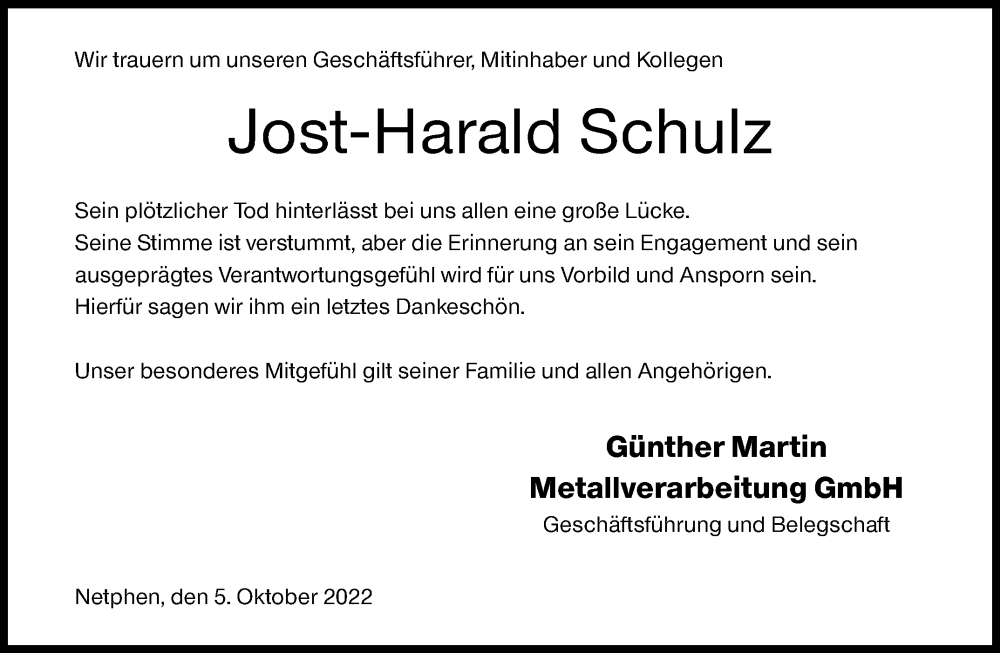  Traueranzeige für Jost-Harald Schulz vom 05.10.2022 aus Siegener Zeitung