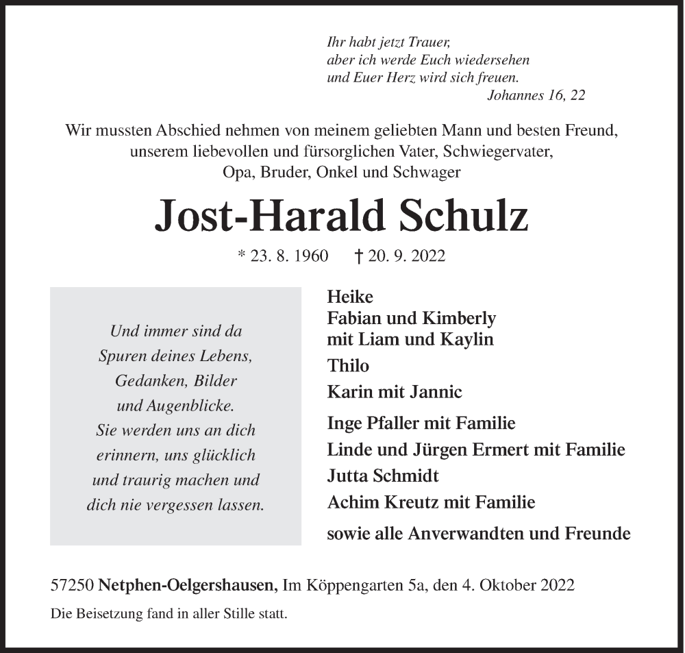  Traueranzeige für Jost-Harald Schulz vom 04.10.2022 aus Siegener Zeitung