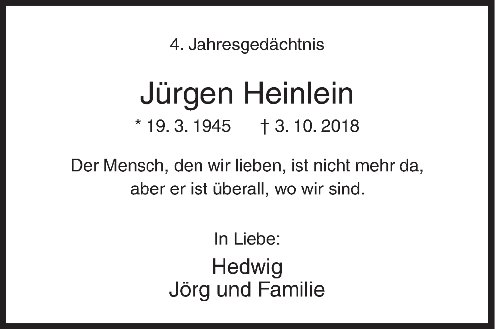  Traueranzeige für Jürgen Heinlein vom 01.10.2022 aus Siegener Zeitung