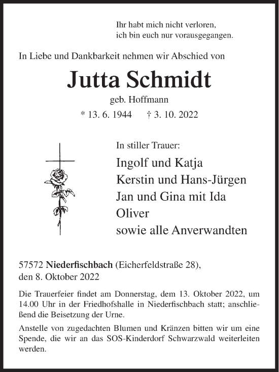 Traueranzeige von Jutta Schmidt von Siegener Zeitung