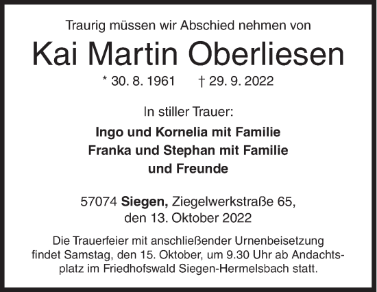 Traueranzeige von Kai Martin Oberliesen von Siegener Zeitung