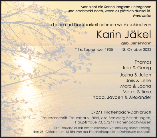 Traueranzeige von Karin Jäkel von Siegener Zeitung
