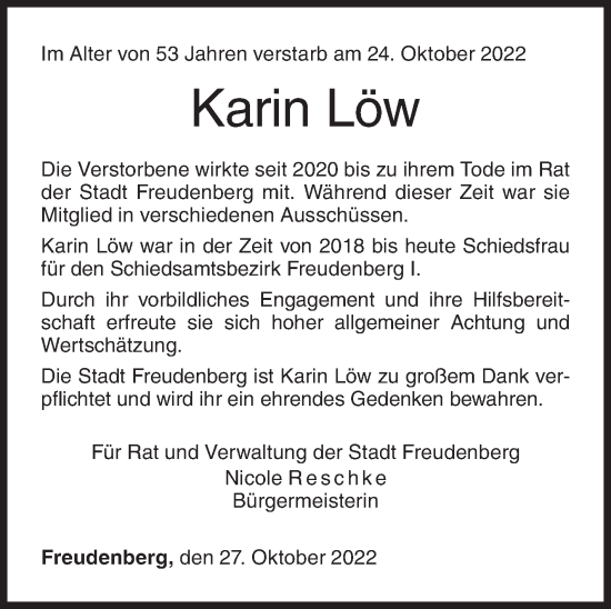 Traueranzeige von Karin Löw von Siegener Zeitung