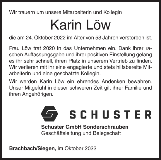 Traueranzeige von Karin Löw von Siegener Zeitung