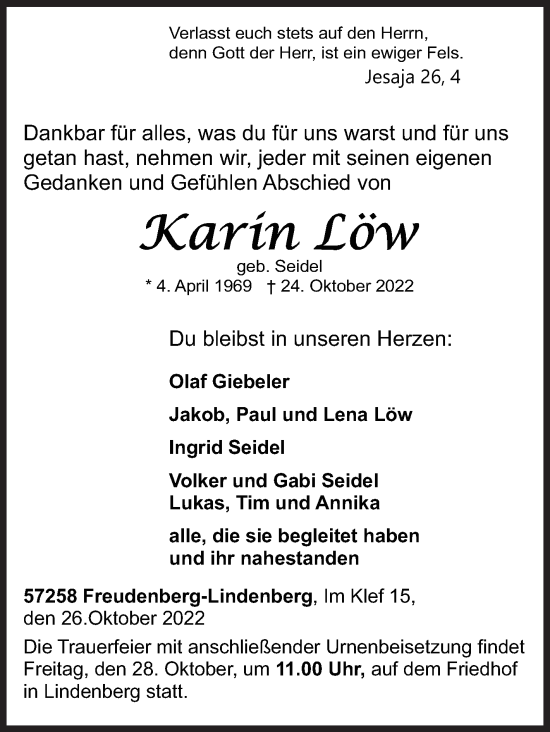 Traueranzeige von Karin Löw von Siegener Zeitung