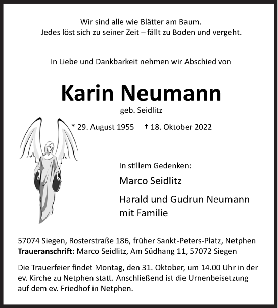 Traueranzeige von Karin Neumann von Siegener Zeitung