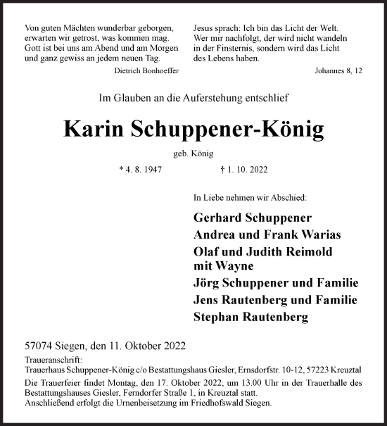 Traueranzeige von Karin Schuppener-König von Siegener Zeitung