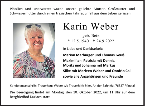 Traueranzeige von Karin Weber von Siegener Zeitung