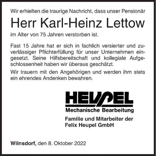 Traueranzeige von Karl-Heinz Lettow von Siegener Zeitung