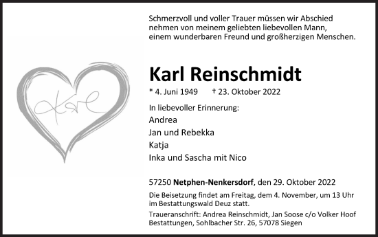 Traueranzeige von Karl Reinschmidt von Siegener Zeitung
