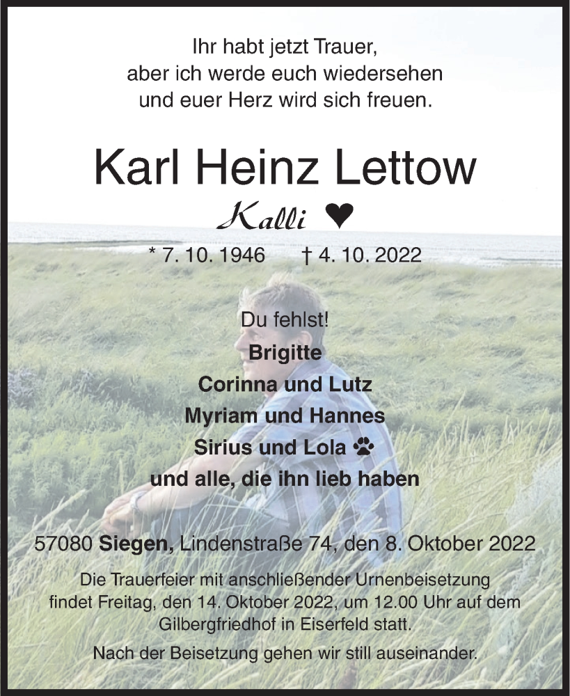  Traueranzeige für Karl Heinz Lettow vom 08.10.2022 aus Siegener Zeitung