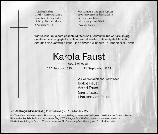 Traueranzeige von Karola Faust von Siegener Zeitung