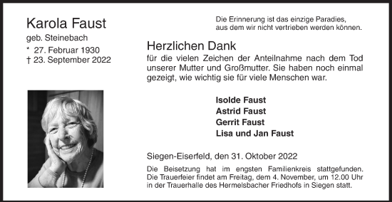 Traueranzeige von Karola Faust von Siegener Zeitung