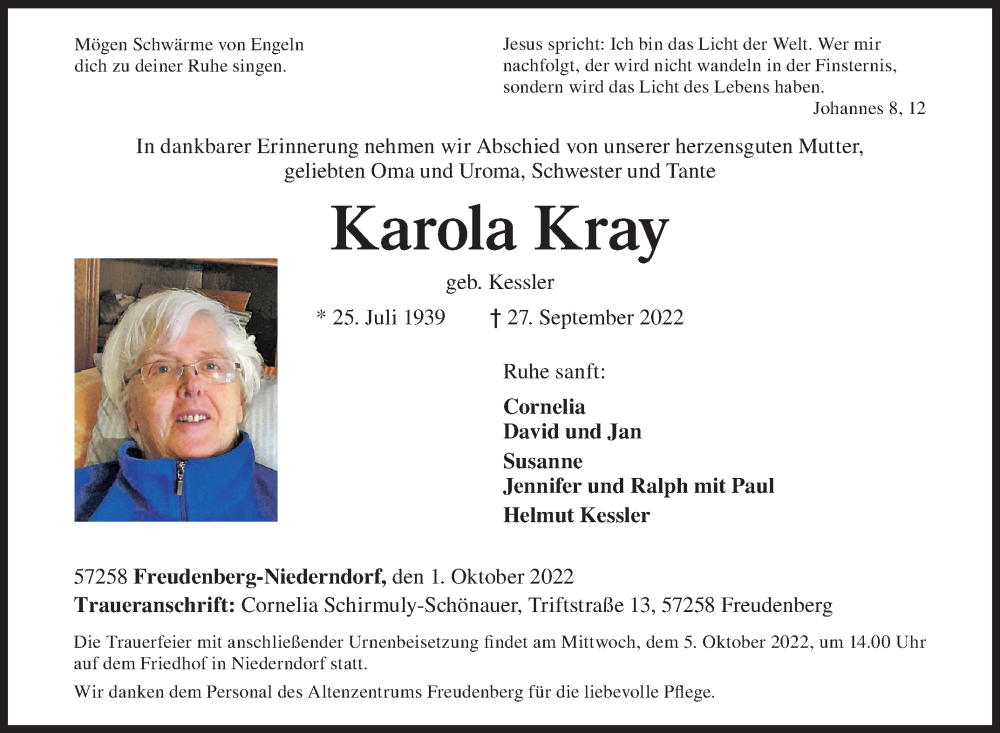  Traueranzeige für Karola Kray vom 01.10.2022 aus Siegener Zeitung
