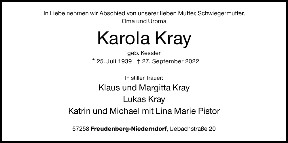  Traueranzeige für Karola Kray vom 04.10.2022 aus Siegener Zeitung