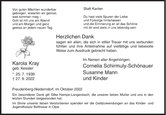 Traueranzeige von Karola Kray von Siegener Zeitung