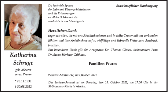 Traueranzeige von Katharina Schrage von Siegener Zeitung