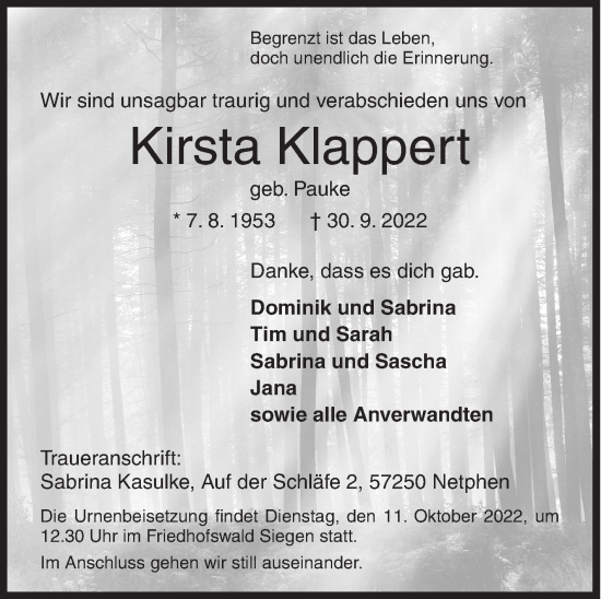 Traueranzeige von Kirsta Klappert von Siegener Zeitung
