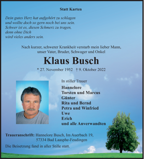 Traueranzeige von Klaus Busch von Siegener Zeitung