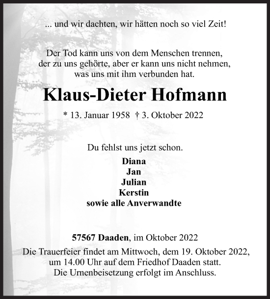 Traueranzeige von Klaus-Dieter Hofmann von Siegener Zeitung