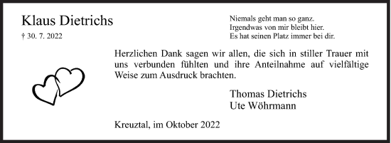 Traueranzeige von Klaus Dietrichs von Siegener Zeitung