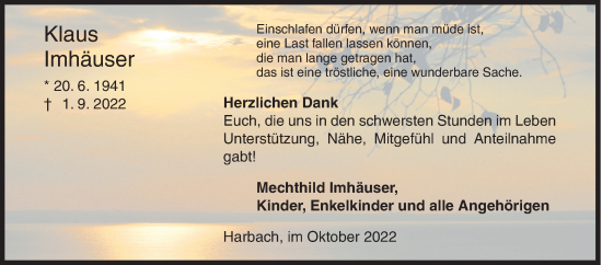 Traueranzeige von Klaus Imhäuser von Siegener Zeitung