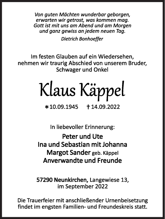 Traueranzeige von Klaus Käppel von Siegener Zeitung