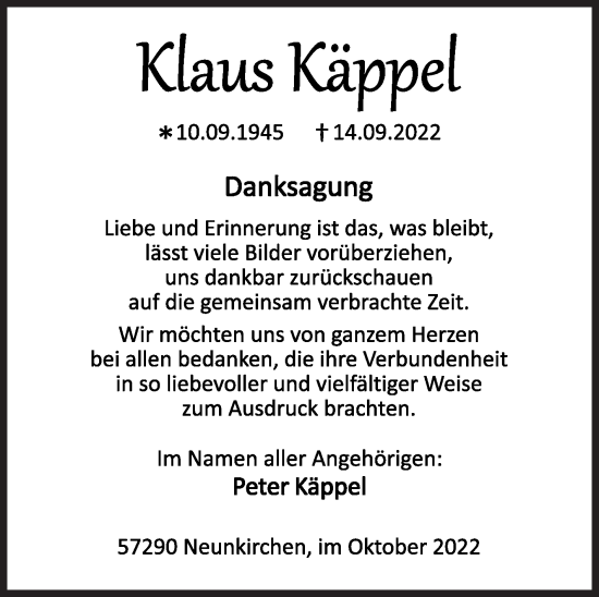 Traueranzeige von Klaus Käppel von Siegener Zeitung