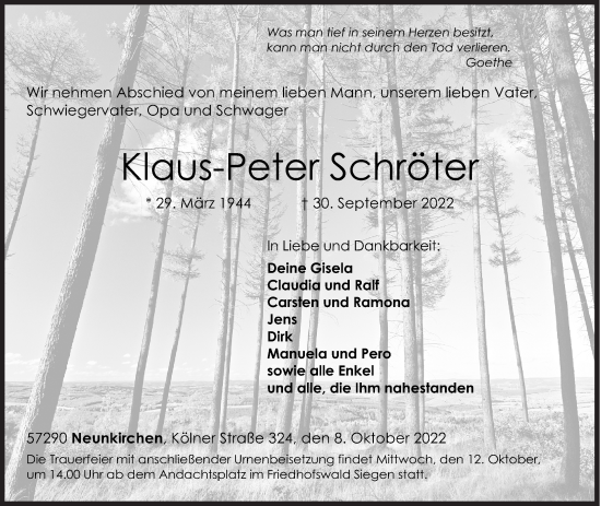 Traueranzeige von Klaus-Peter Schröter von Siegener Zeitung