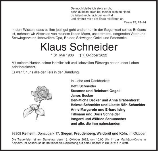 Traueranzeige von Klaus Schneider von Siegener Zeitung