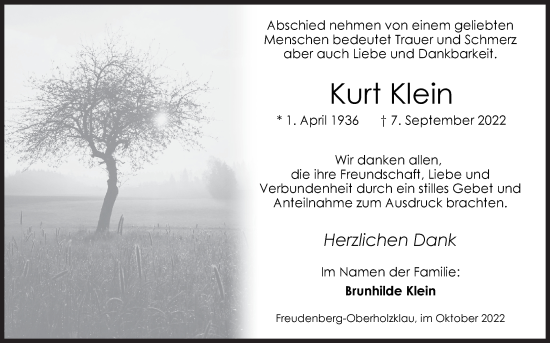 Traueranzeige von Kurt Klein von Siegener Zeitung