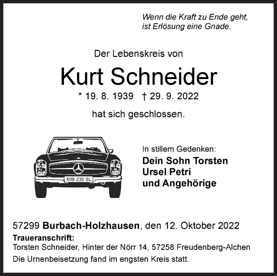 Traueranzeige von Kurt Schneider von Siegener Zeitung