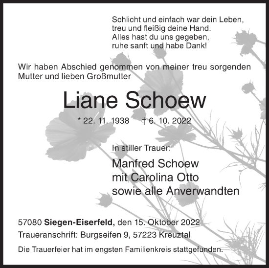 Traueranzeige von Liane Schoew von Siegener Zeitung