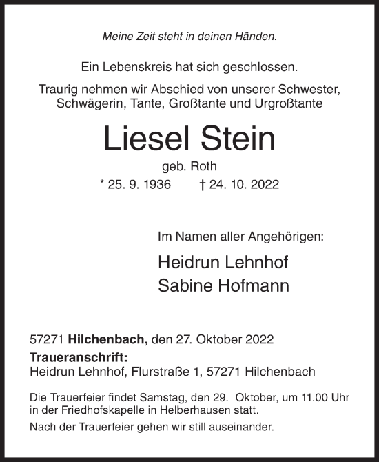Traueranzeige von Liesel Stein von Siegener Zeitung