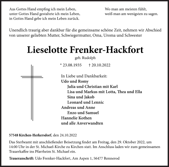 Traueranzeige von Lieselotte Frenker-Hackfort von Siegener Zeitung
