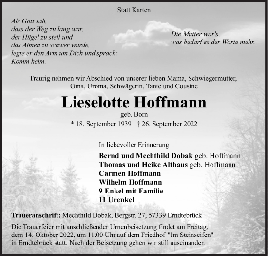Traueranzeige von Lieselotte Hoffmann von Siegener Zeitung