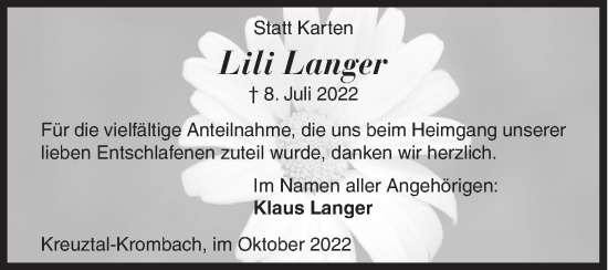 Traueranzeige von Lili Langer von Siegener Zeitung